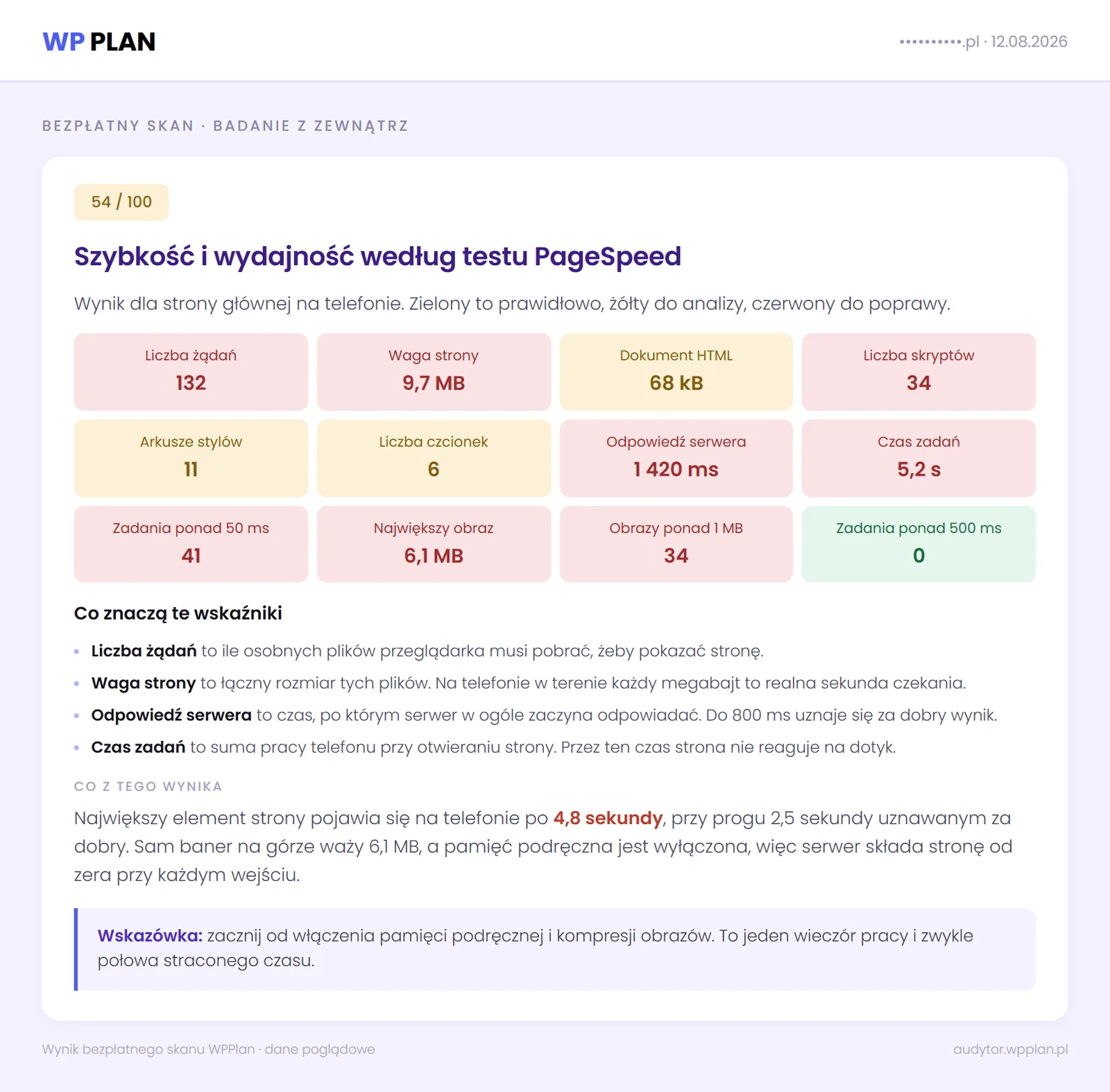 Wynik bezpłatnego skanu strony z oceną PageSpeed, siatką wskaźników wydajności i legendą objaśniającą liczby