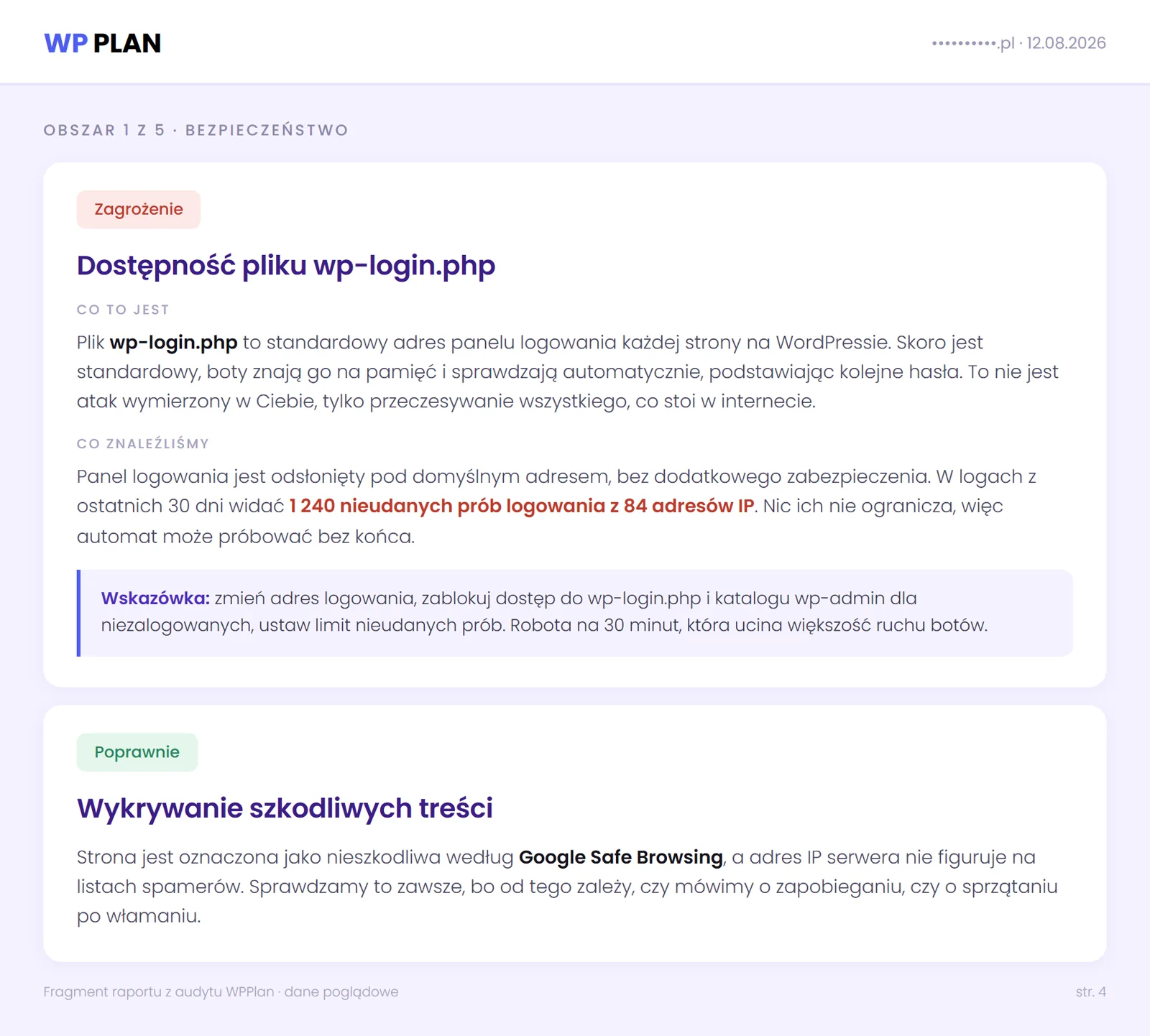 Karta znaleziska z raportu audytu WordPressa o odsłoniętym panelu logowania wp-login.php, z oceną zagrożenia i wskazówką naprawy